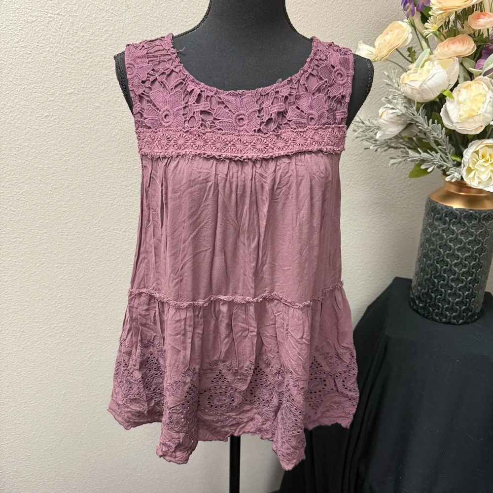 Knox Rose Mauve Crochet Lace Boho Tank L | Tiered Flowy Summer Top - Picture 1 of 7